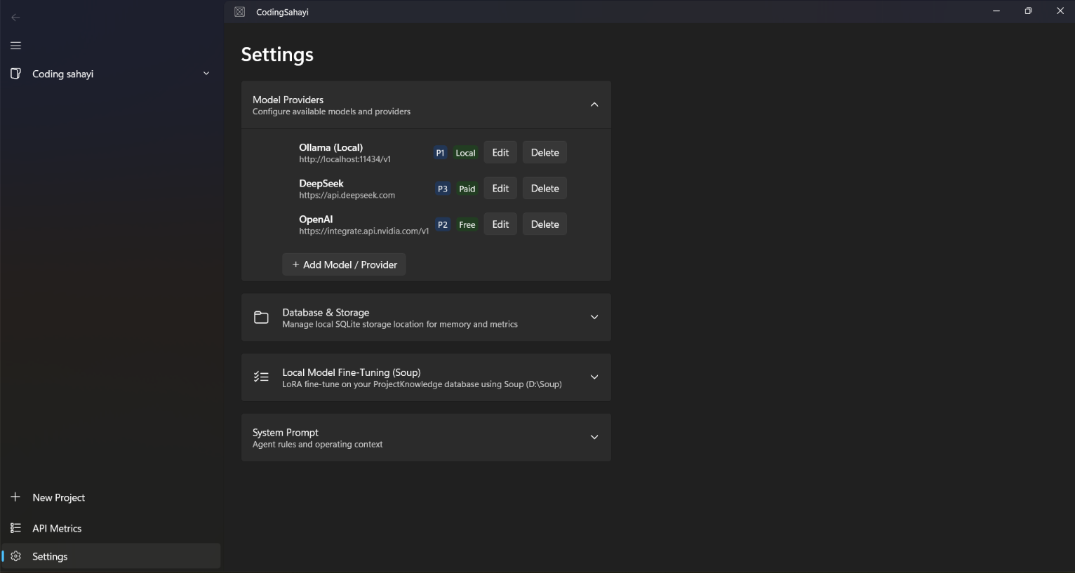 Coding Sahayi Model Providers and Settings